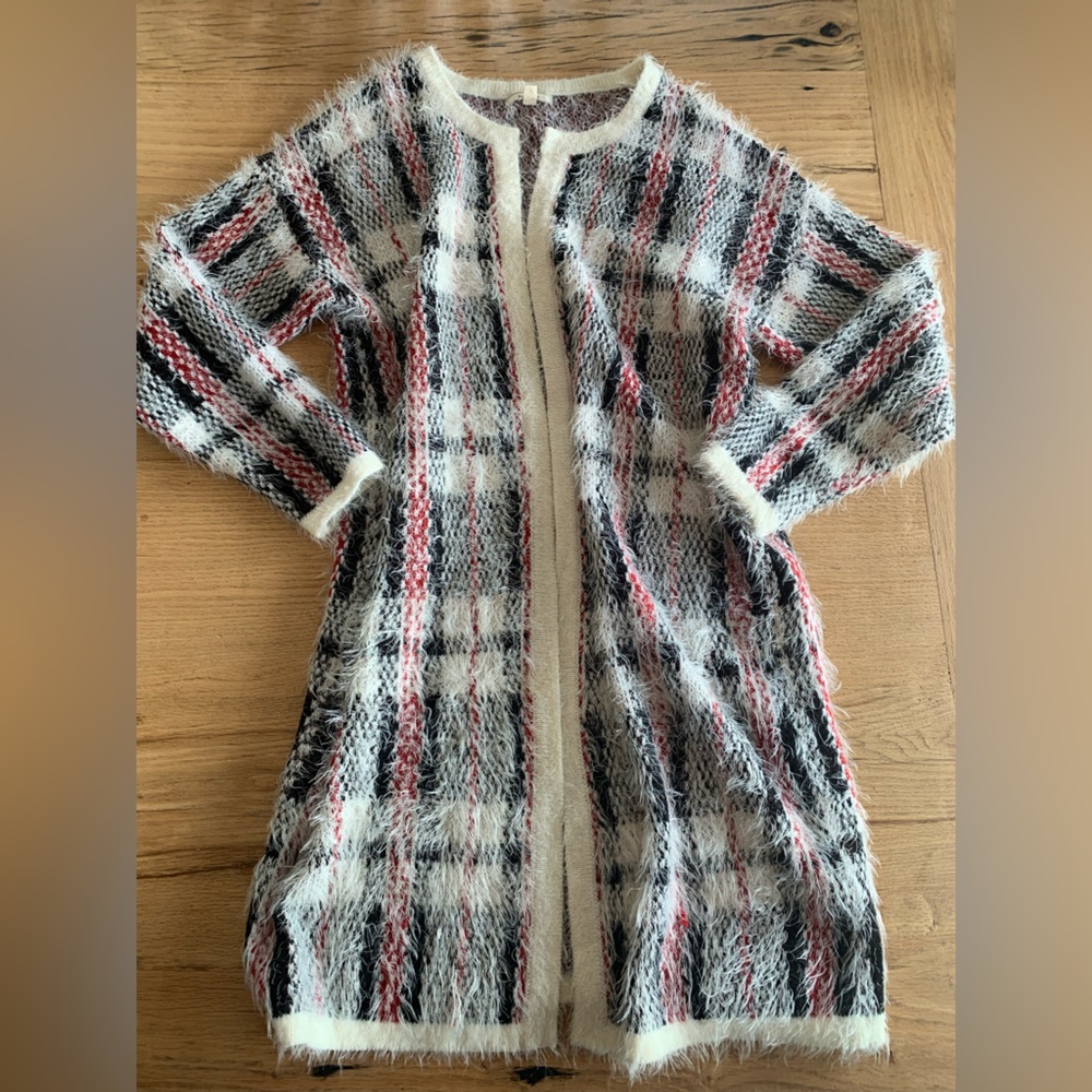 Pleione Plaid Duster Cardigan Sweater Red White Black Long Sleeve Women’s M‎ pre